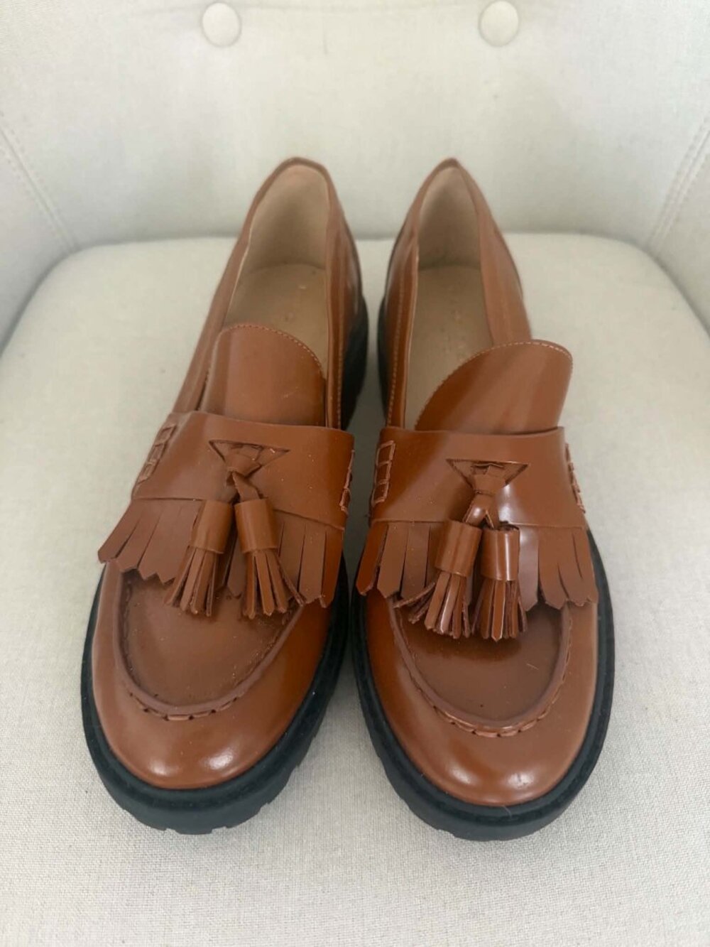 Marc Fisher LTD Ozzie Brown Leather Kiltie Tassel Lug Sole Loafers 7.5